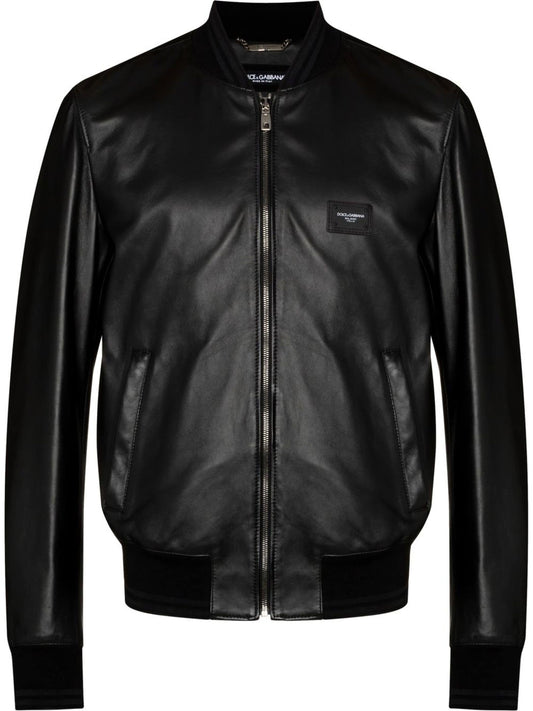 Logo Plaque Leather Bomber Jacket