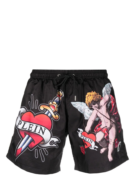 Graffiti Print Drawstring Waist Swim Shorts