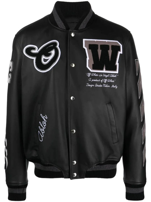 Logo Embroidered Leather Varsity Jacket by Off-White - bottegalusso: Premier Destination for Modern Luxury Menswear