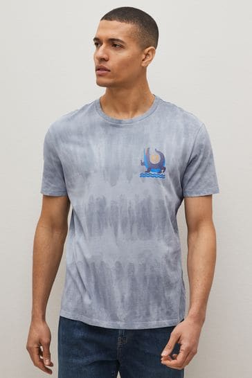 Grey Acid Wash Printed Graphic T-Shirt