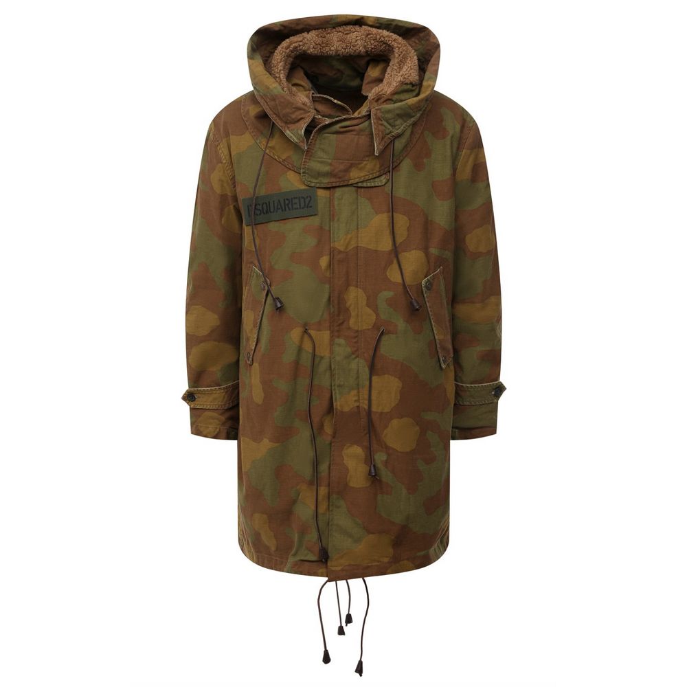 camo textured hooded parka with leather details