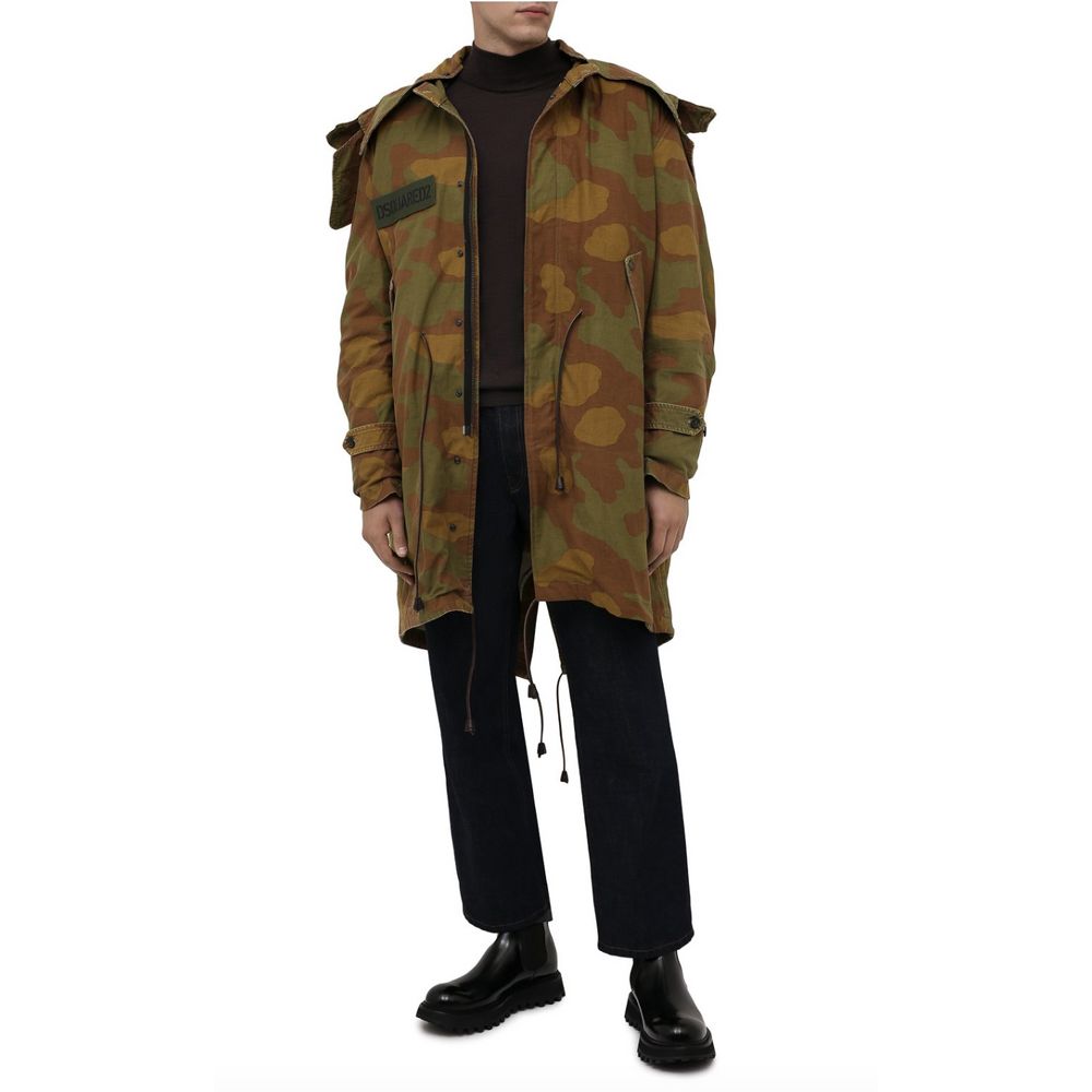 camo textured hooded parka with leather details